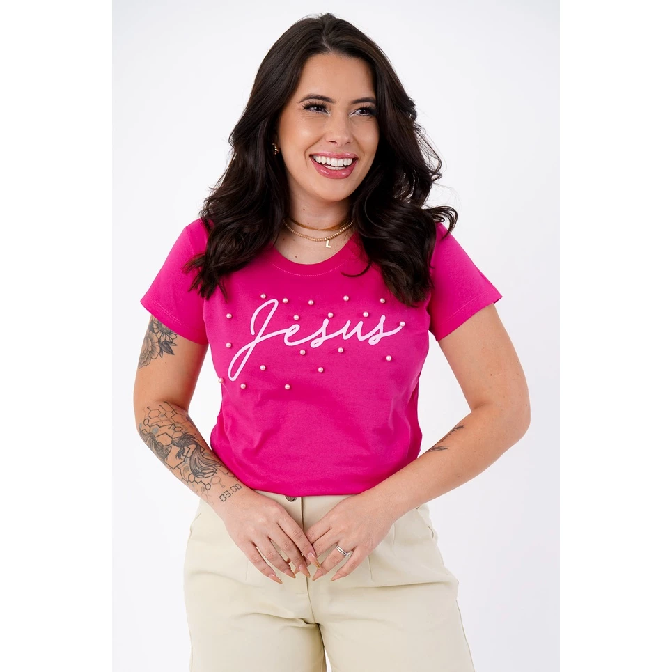 T-Shirt Feminina de Algodão Rosa Pink Jesus com Pérolas | Conforto e Estilo Casual
