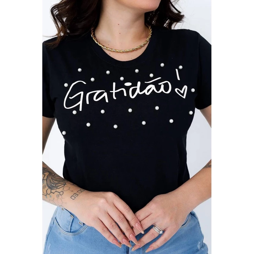 T-Shirt Feminina de Algodão Preta Gratidão Com Pérolas | Conforto e Estilo Casual - Imagem 2