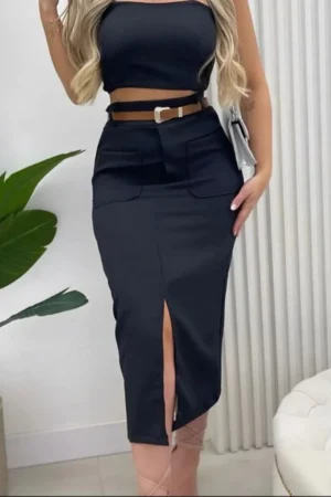 Saia midi alfaitaria com bolso frontal Elegante e Versatil Moda Blogueira Evangelica Moderna P060