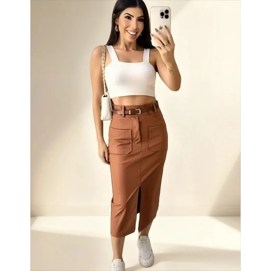Saia midi alfaitaria com bolso frontal Elegante e Versatil Moda Blogueira Evangelica Moderna P060 - Imagem 4